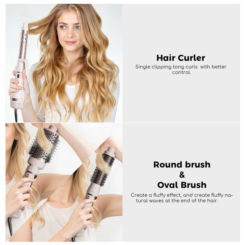 Hair Dryer Brush, 5-in-1 Blow Dry Hair Brush, Multi Hot Air Styler for Drying and Styling Volumizing Curling Sleeking in One Step, Ceramic Coating, Less Frizz, 3 Temperatures, Pink