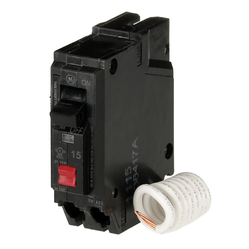 ABB Q-Line® THQL1115GFTP 15A Ground Fault Interrupter Circuit Breaker • 15 Amp Single Pole 120 VAC Ground Fault Breaker with Self-Test • Ground Fault Circuit Interrupter • Plug-in Mount Type