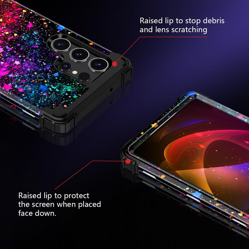Casetego for Galaxy S23 Ultra Case,Glow in The Dark Three Layer Heavy Duty Sturdy Shockproof Full Protection Rugged Hard PC+Soft TPU Bumper Case for Samsung Galaxy S23 Ultra 5G 6.8 inch,Colorful Sky All Black Colorful Sky-Glow in the Dark
