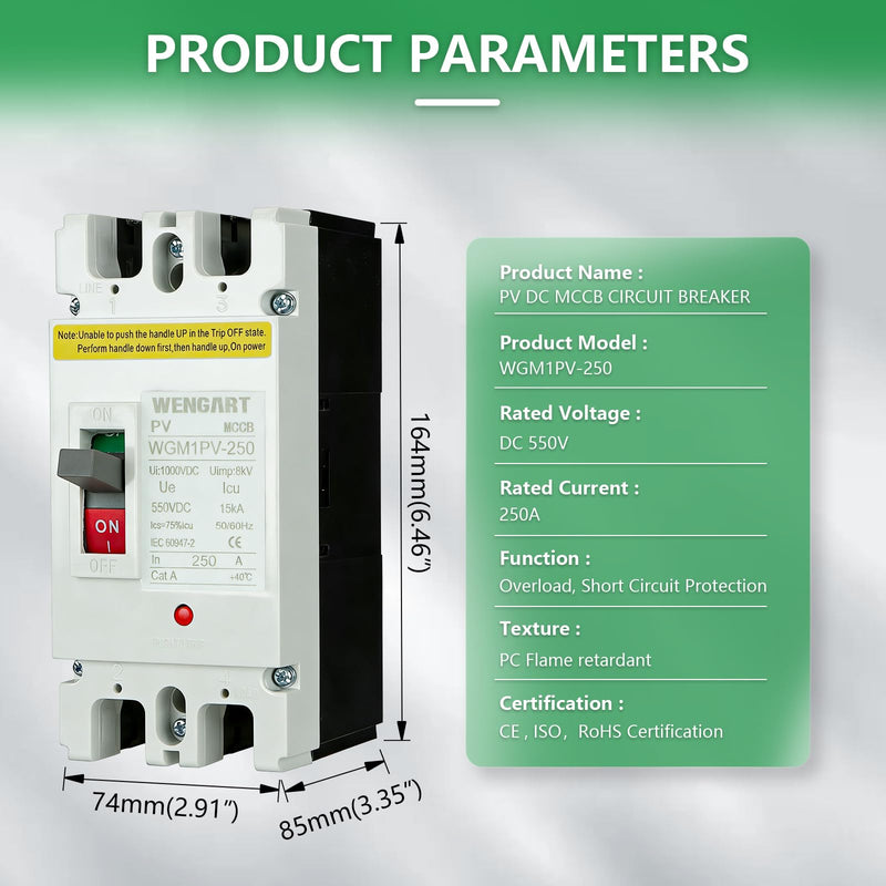 WENGART DC MCCB 500VDC WGM1PV-250,250Amp Solar PV Disconnect Switch,2P Heavy Duty Molded Case Breaker with Arc Chutes for Solar Energy Systems,ESS & Battery Protection 250A