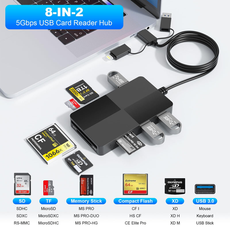 USB C Lightning USB3.0 Multi Card Reader 8-in-3 Memory Card Reader Adapter for SD SDXC SDHC CF CFI MS MMC UHS-I MicroSD MicroSDXC MicroSDHC XD Card Reader 3 USB3.0 Hub 5Gbps for 8 Ports Simutaneously A+C+Lightning