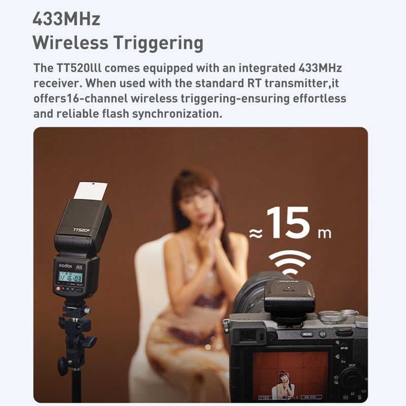 Godox TT520III Universal Hot Shoe Flash for Canon Nikon Sony Pentax Fuji | 1.8s Recovery Time, Built-in Wireless Receiver with RT-16 Transmitter, 8 Level Steps (1/128-1/1), 400 Full Power Flashes