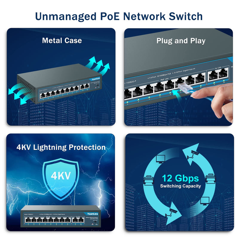 YuanLey 8 Port PoE Switch with 2 Gigabit Uplink, 8 PoE+ Port 100Mbps, 120W 802.3af/at, Extend Function, Metal, Fanless, Unmanaged Plug and Play Network Switch 10 Port | 8*PoE+ (120w)
