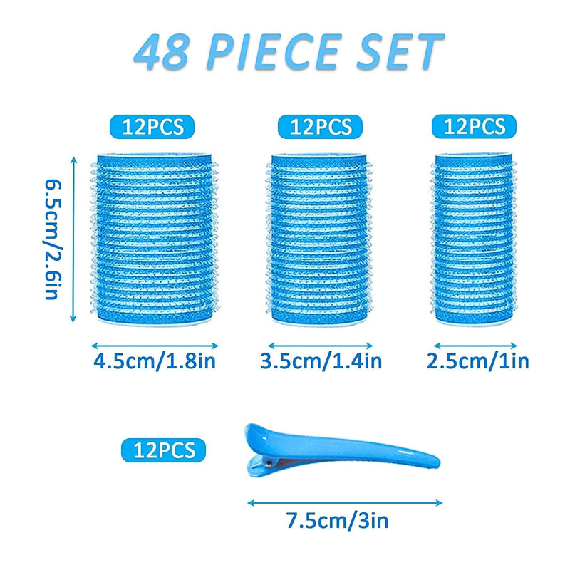KEYRI 48PCS Hair Rollers Set Hair Rollers with Clips Self Grip Jumbo Hair Roller No Heat Heatless Hair Roller for Long Medium Short Hair Styling Hairs Salon Hairdressing Curlers (Blue, 3 Size) Blue 1 count (Pack of 48)