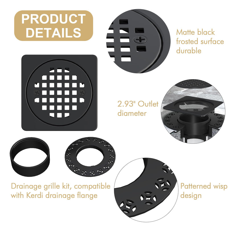 4” Drain Grate Kit - Compatible with Schluter Kerdi-Drain Flange - Shower Floor Drain Kit with Adjustable Collar - Removable Square Drain Set - SUS 304 Stainless Steel Grate - Matte Black 4 Inch Kit without Flange