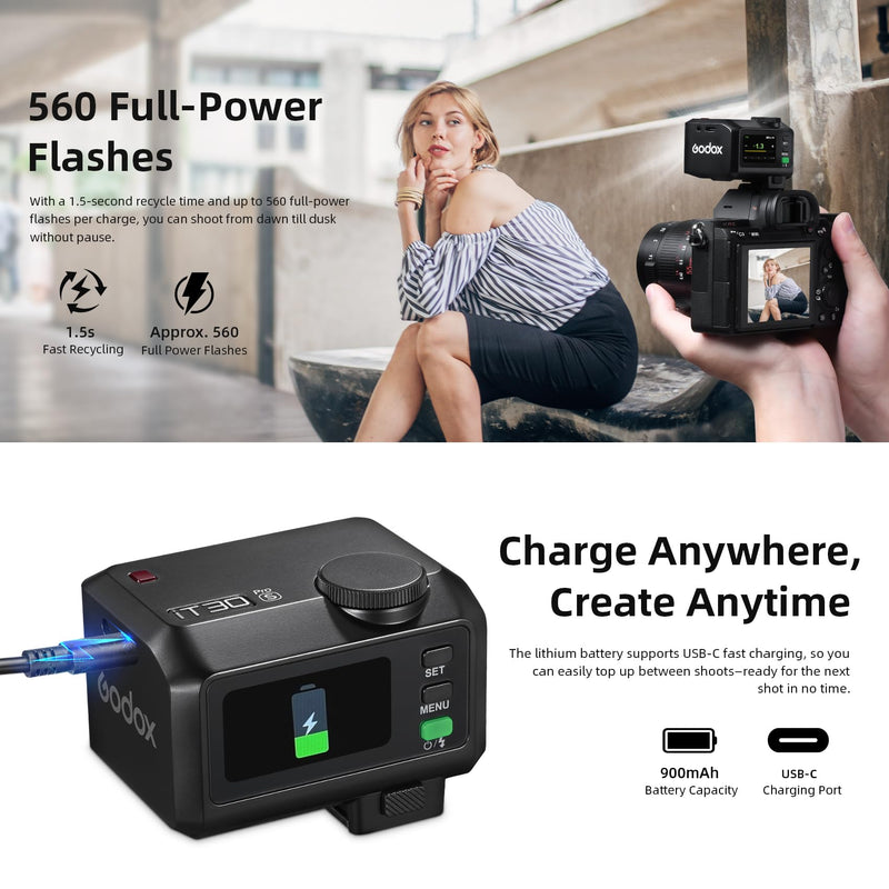 Godox iT30Pro-S Pocket TTL Flash for Sony Camera: 2.4G Wireless + Touchscreen (Equivalent to Built-in X3 Trigger), Li-ion Battery, HSS 1/8000s, 560 Flashes, Built-in Diffuser for Portrait Photography