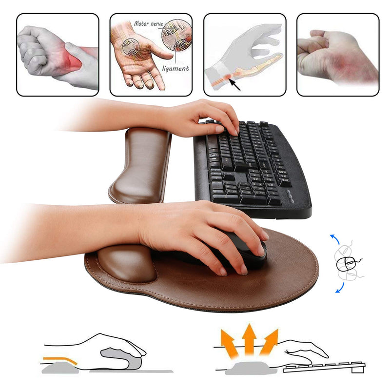 RICHEN Ergonomic PU Leather Keyboard Wrist Rest and Mouse Pad with Wrist Support, Memory Foam Set for Computer/Laptop,Gaming and Office, Comfortable for Easy Typing & Pain Relief (PU Brown) Pu Brown