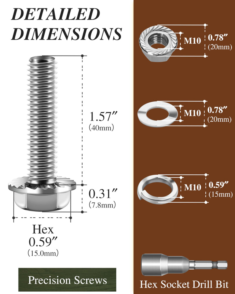 10Sets M10 x 40mm Flanged Hex Head Bolts and Nuts, External Flange Hex Drive Screws, 304 Stainless Steel, Fully Threaded M10 Metric Bolts for Pump, Fix Car, DIY Project Silver