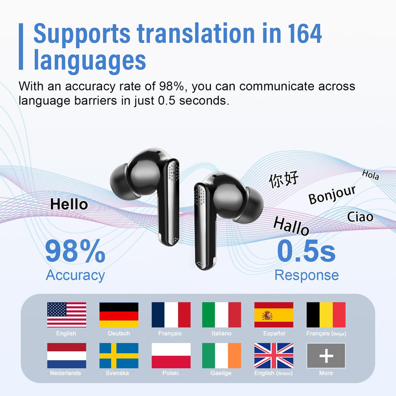 Thunelec Wireless Earbuds Bluetooth 5.4 Headphones 48H Playback HiFi Stereo | Bluetooth Ear Buds with Real Time Translation, in Ear Sports Earphones with ENC Noise Cancelling Mic for Android/iOS Phones Dark Black