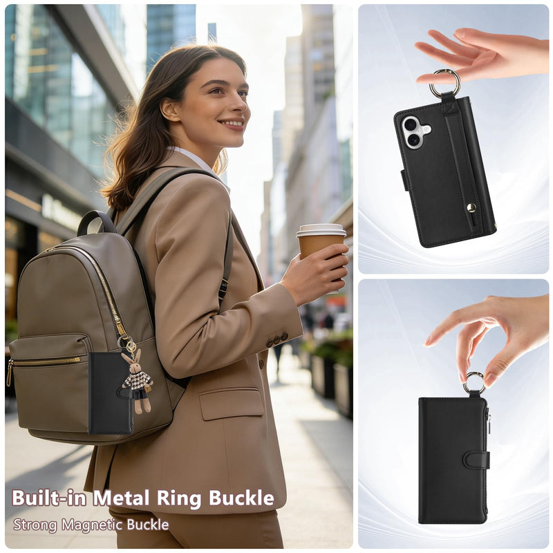 Vofolen for iPhone 17 Case Wallet with Card Holder RFID Blocking Black | Crossbody Strap, Leather Heavy Duty Shockproof Protective, Magnetic Clasp Zipper Pocket, Metal Ring, Wrist Strap Phone Case