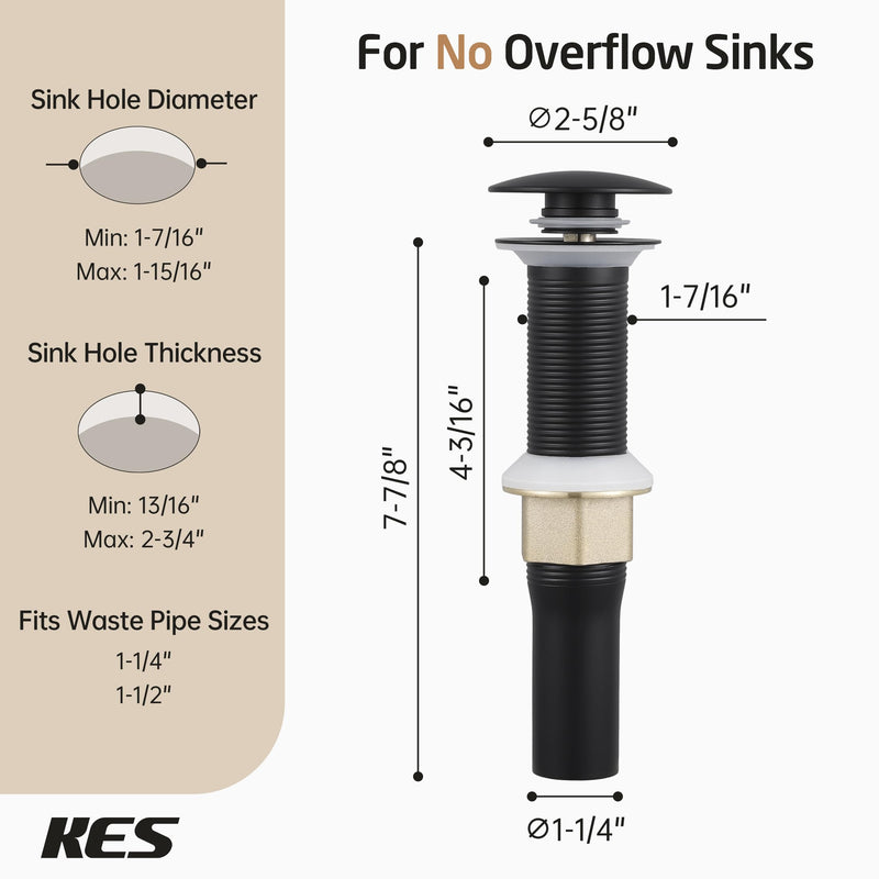 KES Black Pop Up Drain Stopper for Bathroom Sink, Sink Drain with Hair Catcher Without Overflow, 2 Pack, Matte Black, All Metal Rustproof 304 Stainless Steel, S2013D-BK-P2 for NO overflow sink,2-pack
