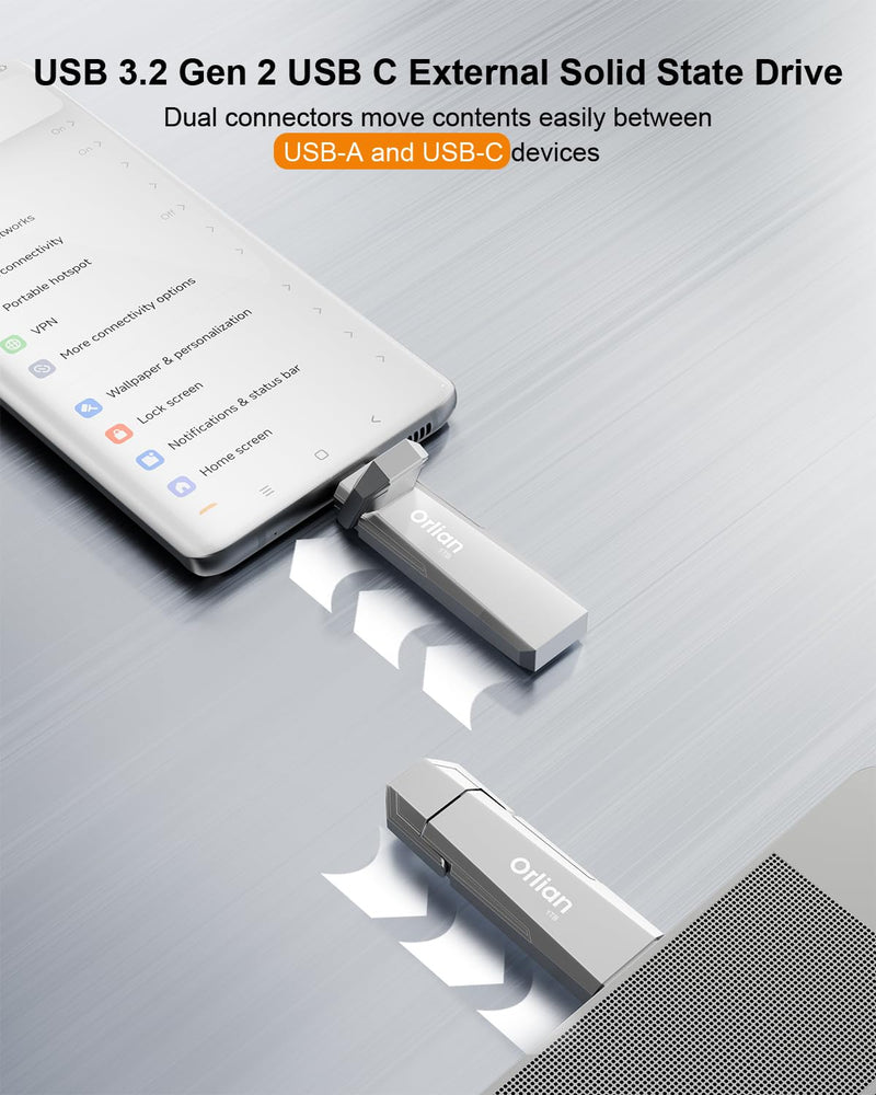 1TB External Portable SSD USB Solid State Drive Up to 1000MB/s USB 3.2 Gen 2 Dual Drive Type C + USB A Solid State Thumb Drive for Phone/Android Laptops/Windows/Mac, Silver 1T