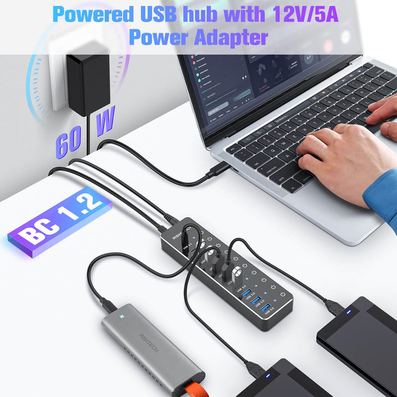 Powered USB Hub, RSHTECH 10-Port USB 3.2/USB C Hub 60W with 10Gbps USB-A 3.2, 2 USB-C 3.2, 7 USB 3.0 Ports, Individual Touch Switches and 3.3ft Cable, Hybrid USB Splitter for Laptop/PC, RSH-ST10C