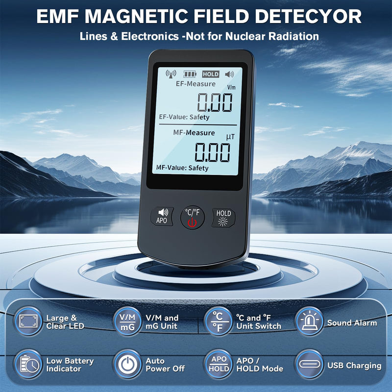 COLOR TREE EMF Meter Rechargeable Electromagnetic Field Upgrated 3-in-1 Radiation Detector Handheld Digital LCD Temperature Measure - Tester for Home Inspections - Outdoor and Ghost Hunting With LCD EMF Meters