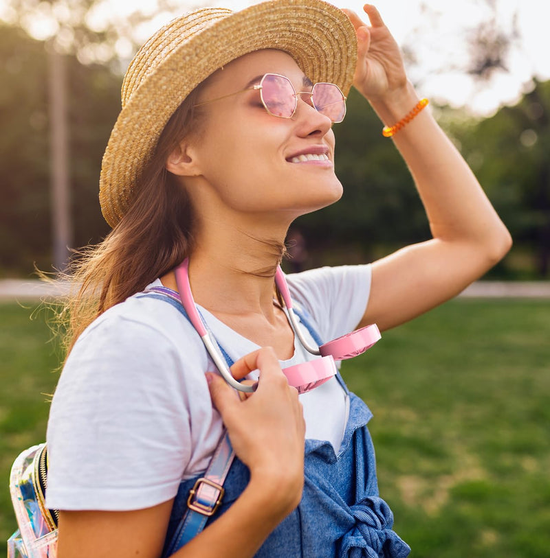 Portable Neck Fan Rechargeable Personal Hand-Free Fan Mini USB Wearable Neckband Sport Fan, 3 Speed Adjustable, 360 Degrees Free Rotation Perfect for Working, Traveling, Office, Reading (Pink) Pink