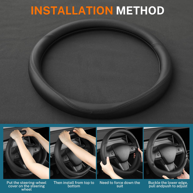 Leather Steering Wheel Cover Custom-Fit for Tesla Model 3/Y 2016-2026, Comfort Grip Design Breathable and Non-Slip, Model 3/Y Car Steering Wheel Protector, Tesla Accessories,Black(A-Style, for Tesla) A-Style