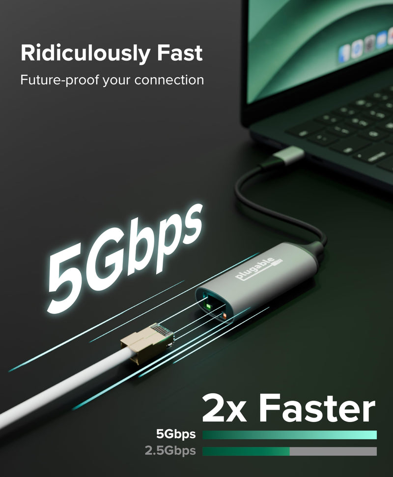 Plugable 5Gbps USB-C Ethernet Adapter | 5000Mbps Wired Network for Windows, macOS, and ChromeOS Laptops and Desktops | Realtek RTL8157 | Supports CAT6, CAT6a and CAT7 Cables (USBC-E5000)