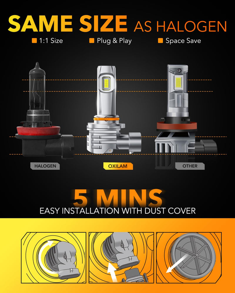 OXILAM H11 9005 LED Light Bulbs Combo, 56000 Lumens 700% Brighter 6500K Cool White Light, 1:1 Size 9005/HB3 H11/H9/H8 DRL Fog Light Replacement, IP68 Waterproof, Pack of 4 9005+H11