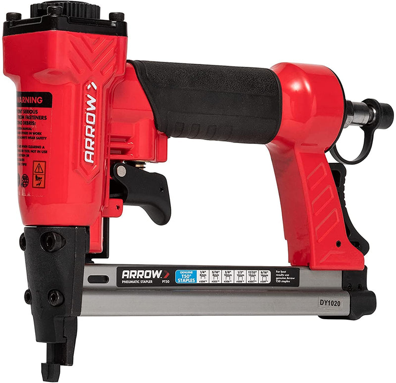 Arrow PT50 Oil-Free Pneumatic Staple Gun, Professional Heavy-Duty Stapler for Wood, Upholstery, Carpet, Wire Fencing, Fits 1/4”, 5/16”, 3/8", 1/2", 9/16” Staples , Red 1 Unit