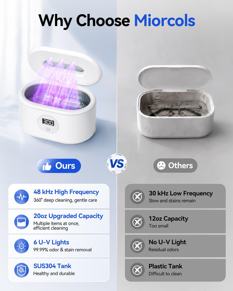 Miorcols Ultrasonic Jewelry Cleaner, Ultrasonic Cleaner Machine with Digital LED Display, 20oz 304 Stainless Steel Tank for Jewelry, Eyeglasses, Watches, Dentures, Retainers & More - White