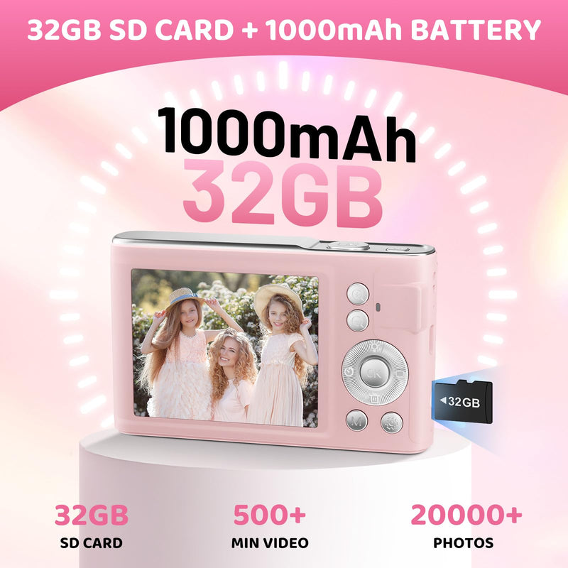 Digital Camera, 48MP FHD 1080P Point and Shoot Camera with 16x Zoom, Anti Shake Autofocus Compact Camera with 32GB Card for Kids, Beginners, Teens, Pink