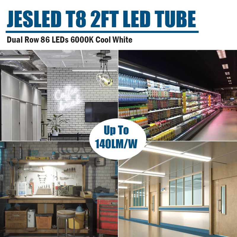 JESLED 2FT T8 LED Tube Light, 12W(30W Equivalent), 1680LM, 6000K, Ballast Bypass, 24 Inch F17T8 Fluorescent Bulb Replacement, Dual Ended, 24” Lighting Tube Fixture (4-Pack) 2FT-4Pack