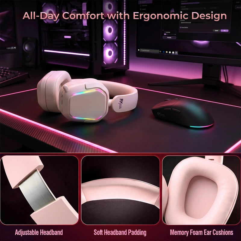 RK ROYAL KLUDGE HG101 V2 Wireless Gaming Headset for Xbox/PS5/NS/PC, Pink | Bluetooth 6.0/2.4Ghz/Wired Headphones, 7.1 Surround Sound, RGB, 40mm Dynamic Driver, Memory Foam Cushions, Retract Mic, Pink