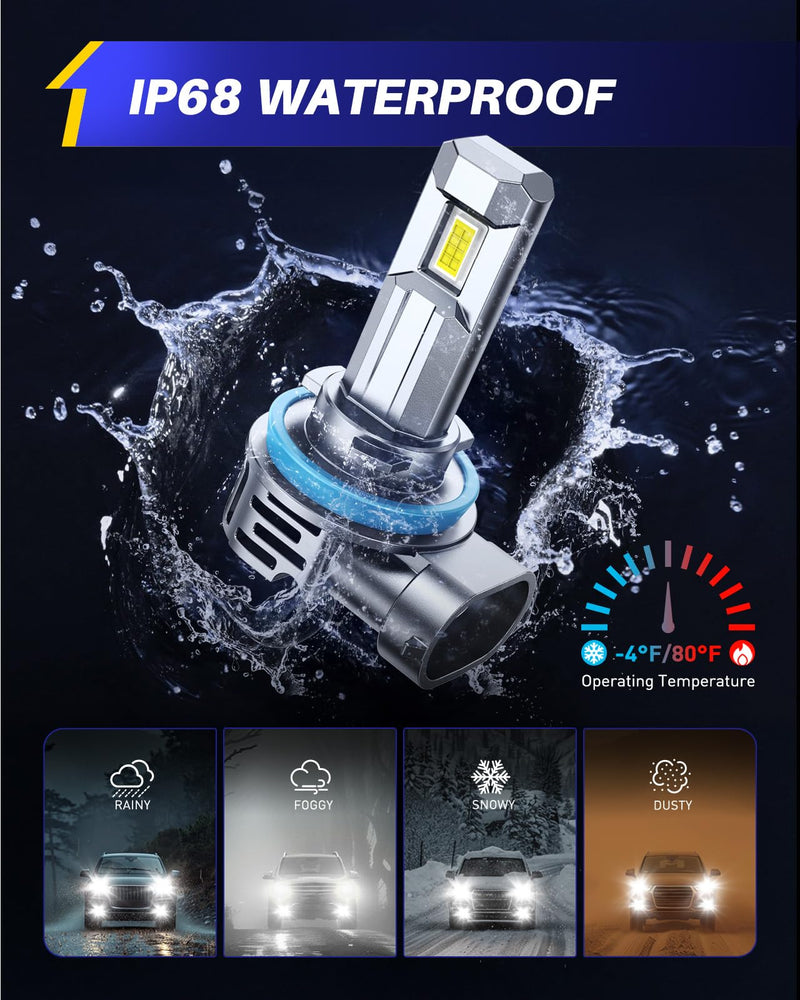 AUTOONE H11 9005 LED Bulb Direct Fit 1:1 Mini Size, 70000LM H8/H9 HB3 Combo Fog Lights with Cooling Fan, IP68, Pack of 4 9005/HB3+H11/H8/H9