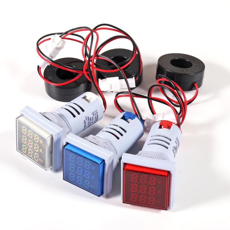 3PCS Square LED Digital Voltmeter Ammeter Hertz Meter AC20-500V Signal Lights Voltage Current Frequency Combo Meter Indicator Tester with CT（White+Blue+Red） White+Blue+Red