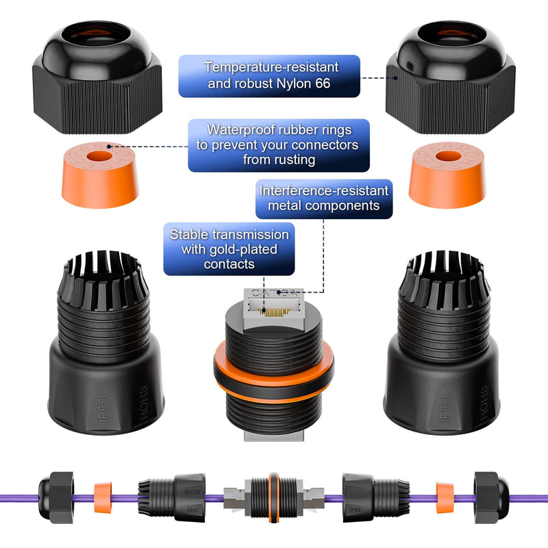 VCELINK CAT6A Waterproof Ethernet Coupler IP68 Short Profile, Female to Female Outdoor RJ45 Connector Shielded, Network Cable Extender 10Gbps for CAT6A/CAT6/CAT5E/CAT5 Cables 6-Pack, 3.23in