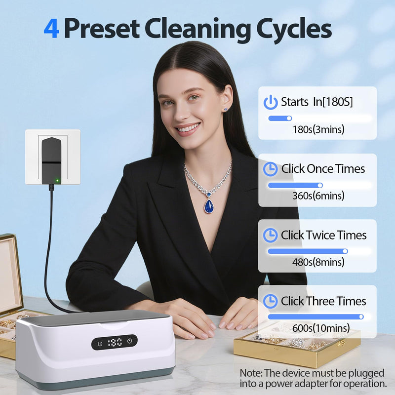 Ultrasonic Jewelry Cleaner: 48Khz Ring Cleaner Ultrasonic Machine with Digital Timer, 4 Cleaning Modes, 24W Sonic Cleaner for Jewelry, Glasses, Retainer, Watch Strap, Home & Travel Use, 13.5oz White