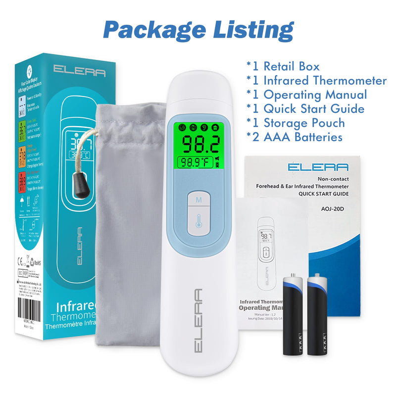 Ear Thermometer for Baby, ELERA Infrared LCD Thermometer with Automatic Switching Mode of Ear & Forehead, 1s Measurement, 4 Color Backlight Display with Fever Indicator