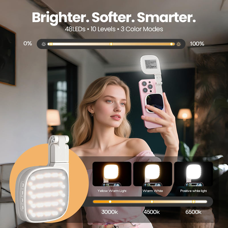 Magnetic Selfie Light, 3 Color Modes, 1000mAh Foldable & Rotatable Fill Light, Compatible with iPhone 11-17 Series, Samsung, MagSafe, White