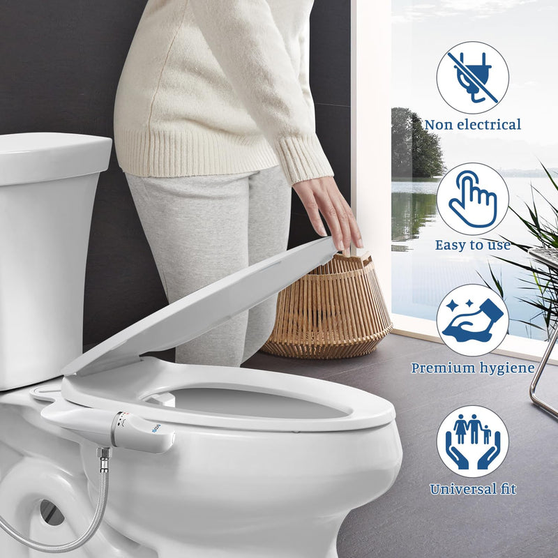 Ultra-Slim Bidet Attachment for Toilet Dual Nozzles Feminine & Rear Wash Bidet Toilet Seat Attachment Non Electric Self Cleaning Fresh Cold Water Toilet Bidets Spray Jet Easy Install (Silver) Silver