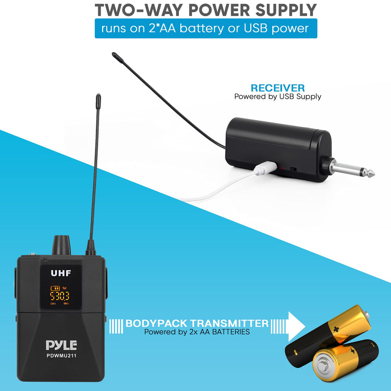Pyle Dual UHF Microphone System - Portable Professional Cordless Microphone Set Wireless Mic Kit w/Headset / Lavalier Mic, Beltpack Transmitter, Receiver - Karaoke & Conference - Pyle PDWMU211,Black
