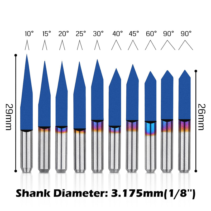 Genmitsu 10 Pcs 1/8" Shank V-Groove CNC Router Bits, 10 /15 /20 /25 /30 /40 /45 /60 /90 Degree Set, Nano Blue Coat Conical V-Bit, Engraving Tool for CNC Signmaking Carving Lettering 2D&3D Sculpture 10/15/20/25/30/40/60/90 Degree-0.1/0.3mm Tip