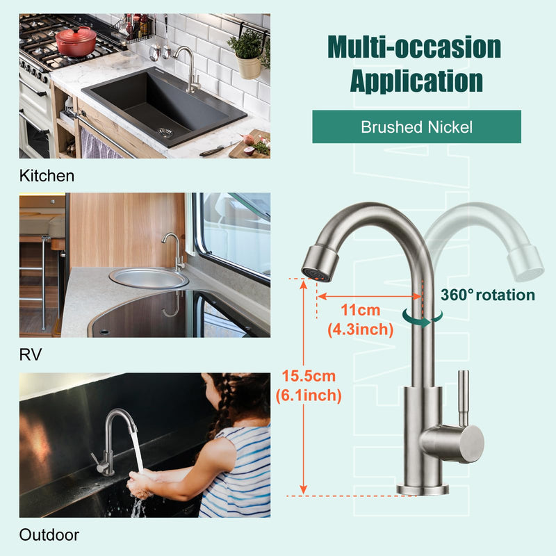 Heyalan Cold Water Only Kitchen Faucet, SUS304 Stainless Steel Bar Sink Faucet, Single Handle High Arc Gooseneck, 1 Hole Deck Mount, Brushed Nickel, 8.3 Inch for Bar, RV, Laundry, Outdoor