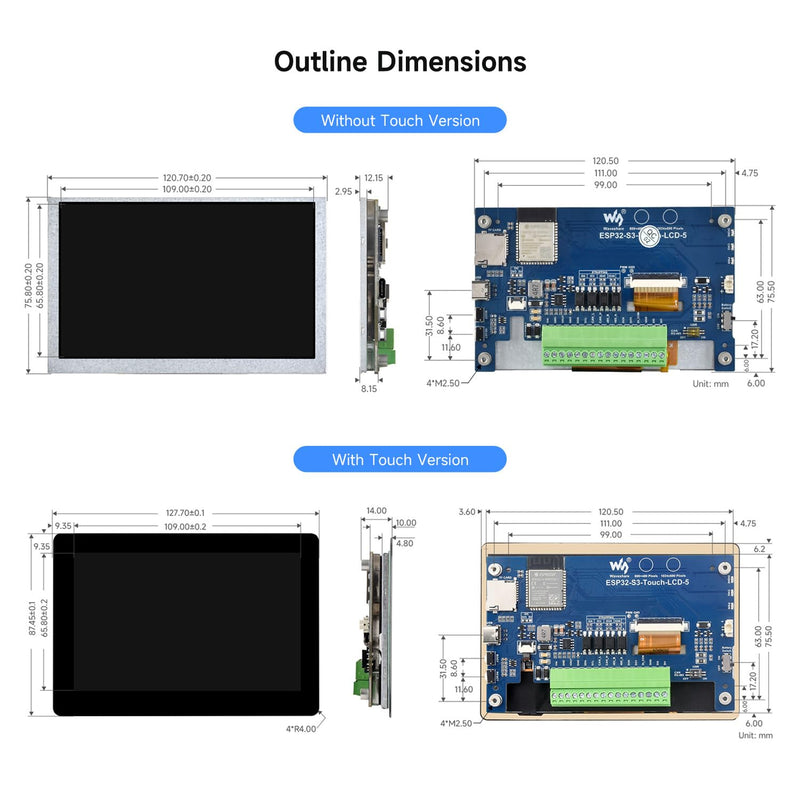 Waveshare ESP32-S3 5inch Display Development Board, 800×480, 32-Bit LX7 Dual-Core Processor, Up to 240MHz Frequency, Supports WiFi & Bluetooth, with Onboard Antenna, No Touch