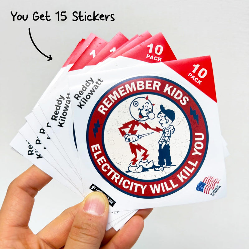 GRITKULTURE Remember Kids Electricity Will Kill You Decal Stickers 10 Pack 2.95 Inch Safety Warning for Hard Hat, Blue Collar, Car, Truck, Window, Reddy Kilowatt, Outlets
