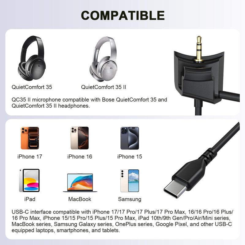 QC35 Boom Microphone for Bose QuietComfort 35 & QC35 II Headphones | QC35 Microphone Cable with Mute Switch for iPhone 15/16/17, MacBook Air/Pro, iPad Pro/Air/Mini, 4ft