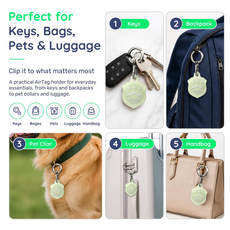AirTag Holder Keychain, Waterproof AirTag Case with Swivel Key Ring | Compatible with Apple AirTag; stylish embossed silicone Air Tag holder keeps your AirTag secure on keys, bags and luggage Glow-in-the-Dark Green-M Mountain