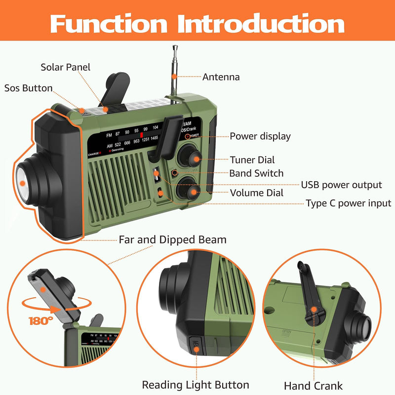 Weather Radios Alerts Portable AM FM, Emergency Outdoor Radio Solar/Hand Crank/USB Charging,Battery Operated,SOS Alarm/Flashlight/LED Radio