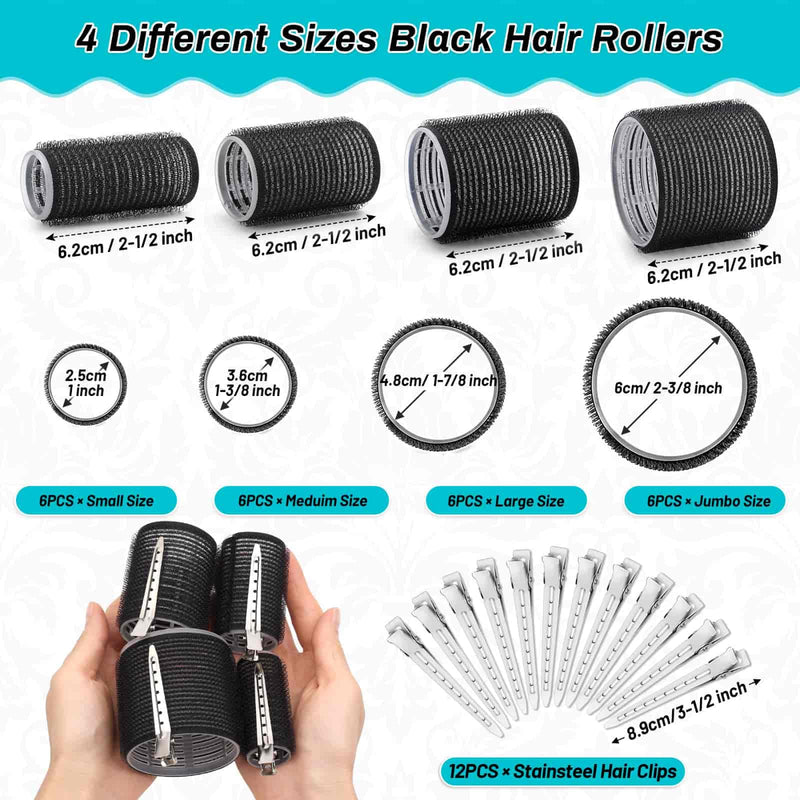 Selizo Hair Curlers 36 Pcs Set with 24Pcs Hair Curlers 4 Sizes and 12 Pcs Hair Clips for Long Medium Short Thick Hair, Black 1 count (Pack of 36)