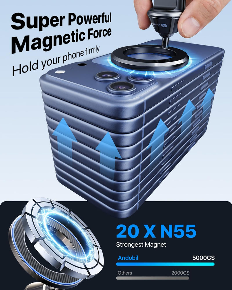andobil for MagSafe Car Mount Vent, 20xN55 Strongest Magnet ＆ All Metal | Upgraded Metal Clip, Compact Magnetic Phone Holder, 1s Install, 360 Rotatable, Fits 99% Vent, for iPhone 17 - 12 Pro Max Mini