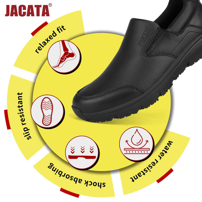 Jacata Non Slip Black Work Shoes for Men Food Service Mens Water Slip Resistant Leather Slip on Chef Walking Shoes for Restaurant Kitchen Sneakers 9