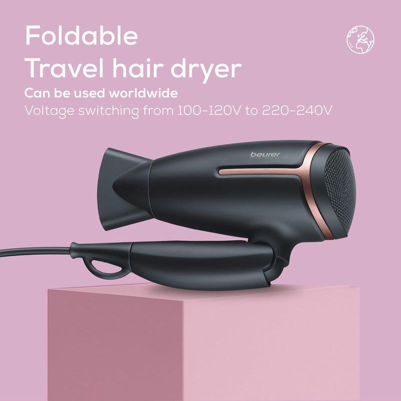  [AUSTRALIA] - Beurer HC 25 travel hair dryer with ion function, small, foldable and lightweight, 1600 watts, voltage switching from 110-120 /220-240 V, 25.9 x 8 x 15.6 cm, black/rose
