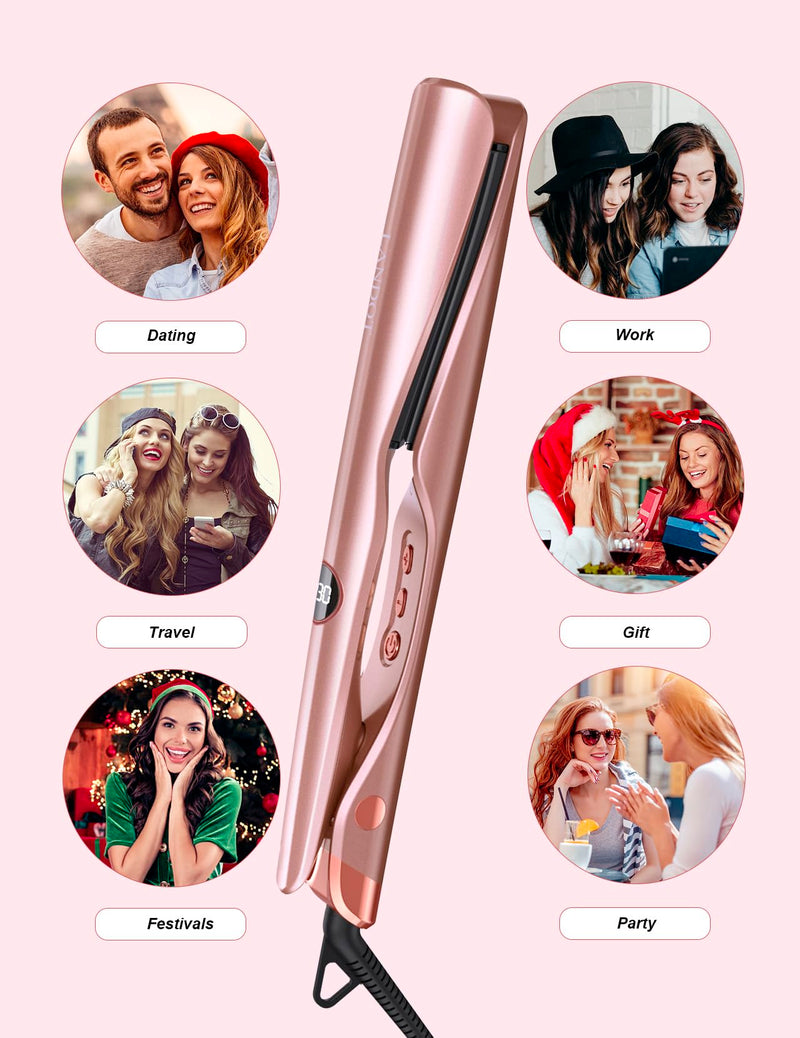 LANDOT Hair Straighteners and Curlers in One Ceramic Curved Twist Flat Iron | Multi Styler, Straighten Curl Wave, Tourmaline Ionic Smooth Glide, Anti-Frizz, 12 Temps 120-230°C, All Hair Types, Fast Heat Rose Gold