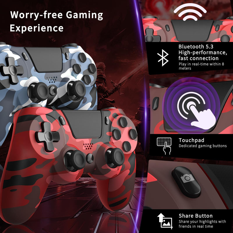 hosowe 2-Pack Wireless Controllers for PS4, Game Controllers Compatible with PS4/Pro/Slim/PC, Dual Vibration, 6-Axis Gyro Sensor, Touch Panel, Built-in Speaker & Headphone Jack, Camouflage Red & Blue Camo Red& Blue