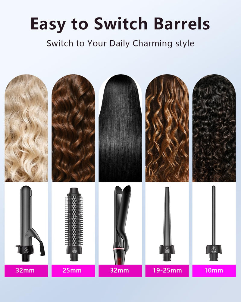 5 in 1 Curling Iron with Thermal Brush and Interchangeable Ceramic Barrels (0.35"-1.25"), Curling Wand Set with Flat Iron Hair Straightener Instant Heat Up Dual Voltage Hair Curler Gifts for Women