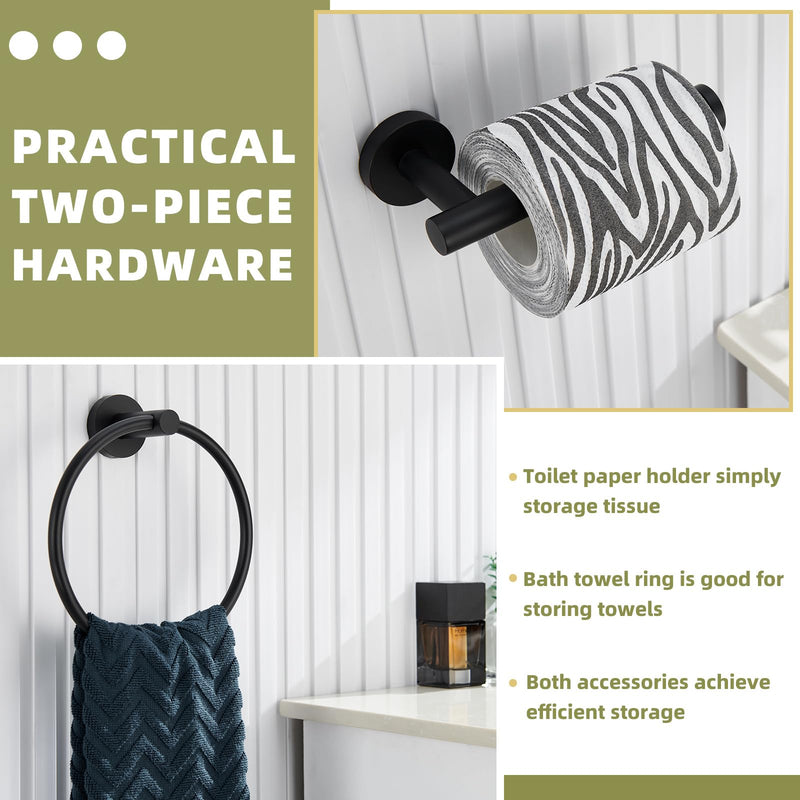 APLusee Matte Black 2 Pieces Bath Accessories Set, Hand Towel Ring and Toilet Paper Holder, Stainless Steel Bathroom Hardware, Wall Mounted Matte Black Round Shape